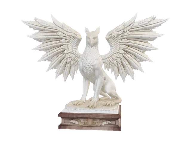 3D model for Uma estátua feita de mármore e esculpida de forma extremamente detalhada de um grande Grifo com as asas abertas em um pedestal, em estilo realista e de esculturas romanas antigas
