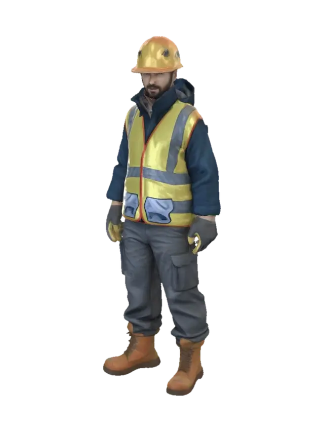 A realistic full-body 3D model of a warehouse logistics operator wearing complete… 3D-model, gegenereerd door AI
