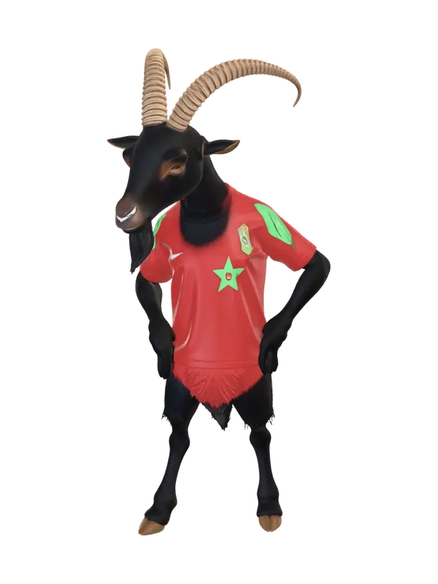 3D model for A black male goat, standing on two legs, with large horns, wearing a Moroccan national soccer team jersey. Highly detailed