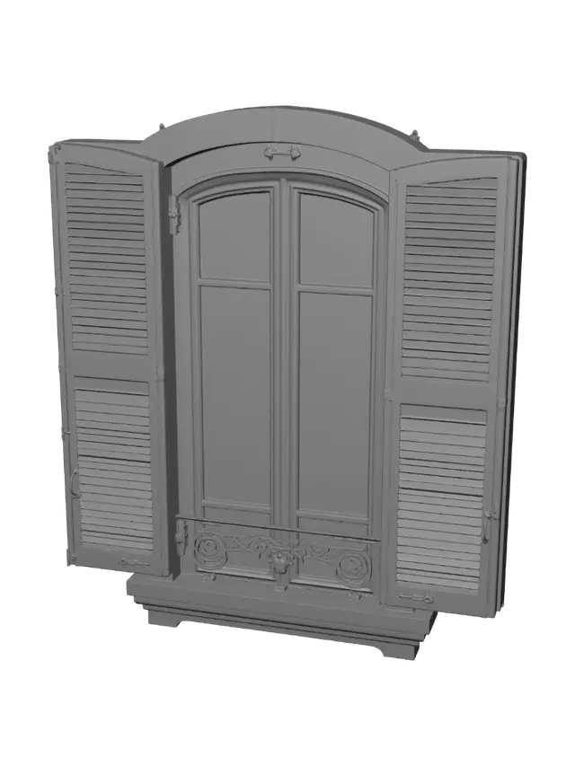 3D model for Green Facade Window with Red Shutters