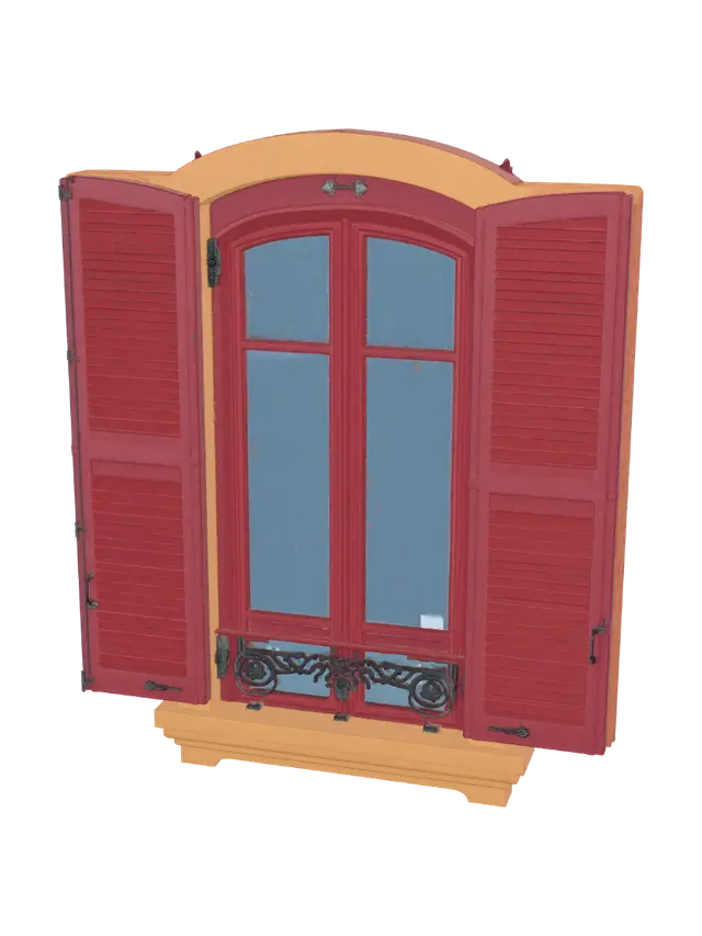 3D model for Green Facade Window with Red Shutters