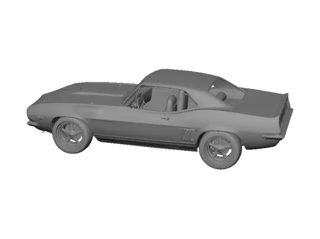 3D model for Create a highly detailed classic American muscle car inspired by late-1960s and early-1970s styling. It has a long sculpted hood, short rear deck, wide stance, aggressive fender flares, a split front grille, quad round headlights, chrome bumpers, hood scoop, side exhaust, and deep metallic midnight blue paint with subtle black racing stripes. The car rides on polished five-spoke wheels wrapped in wide performance tires. Include realistic body lines, detailed interior with bucket seats and a four-speed shifter, and a powerful V8 engine visible through the open hood. Design it as an original car, not a copy of any existing model, with a photorealistic, high-detail finish.