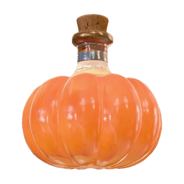 A stylized potion flask shaped like a pumpkin, made of translucent glass with… - Pumpkins 3D model, vytvořený pomocí AI