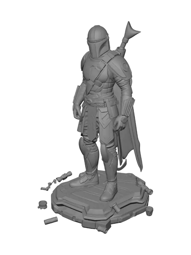 3D model for jedi hunter mandalorian standing on top of a platform with droid parts