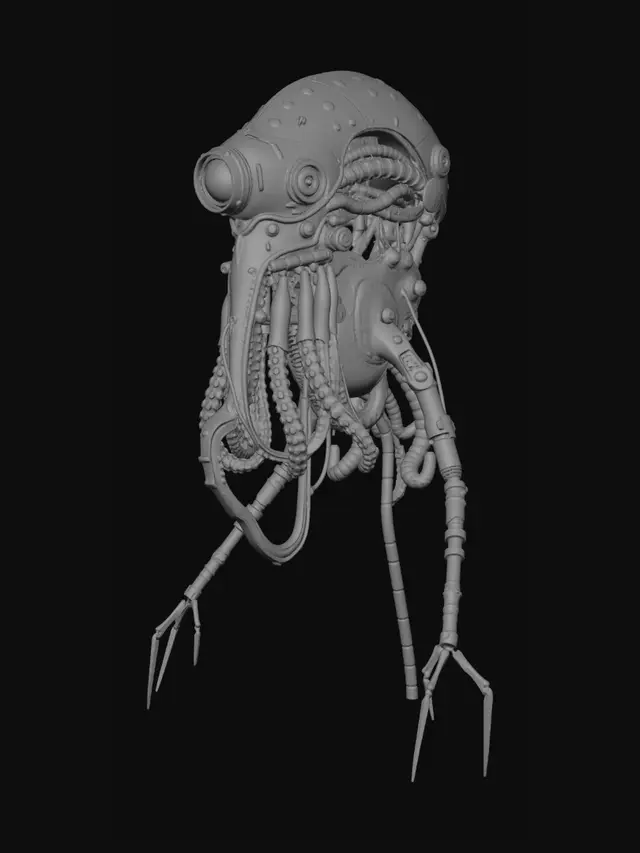 3D model for A powerful one eyed, tyrannical, biomechanical hunter, something from a nightmarish sci fi dark fantasy with a slight military grade look. It's form is from many types of metal materials, textures, and color palette. Some of it's parts is reinforced with anodized carbon fiber octopus suction texture panels interwoven with integrated circuit patterns that pulse with an eerie neon crimson glow with a red fusion core. It dawns a tungsten squid cowl, wears a one eyed steampunk neon red sniper goggle, and has a steampunk mechanical elephant jaw. Has 4 HR Giger mechanical tentacles for it's lower half body with steampunk red neon glow sections. It's lower midsection has intergraded steampunk jetpack. It's arm has built in intergraded harpoon launcher with an Art Nouveau, baroque, surrealism