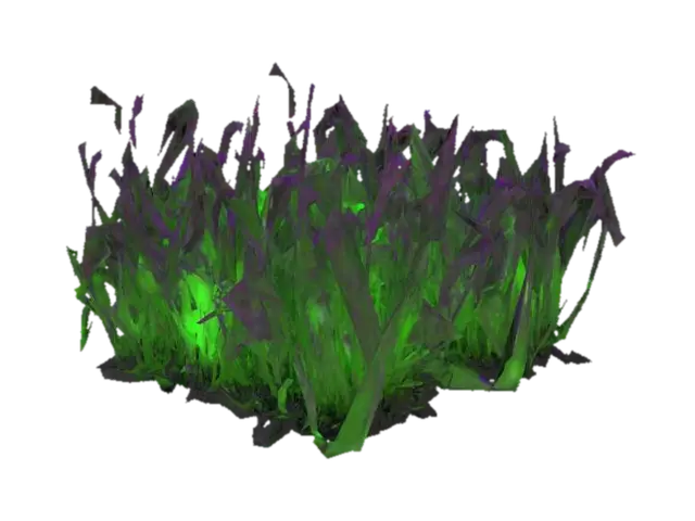 Blighted, corrupted grass with dark, brittle blades tinged with sickly purple or… 3D model, vytvořený pomocí AI