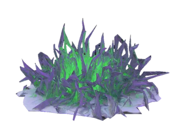Blighted, corrupted grass with dark, brittle blades tinged with sickly purple or… 3D model, vytvořený pomocí AI