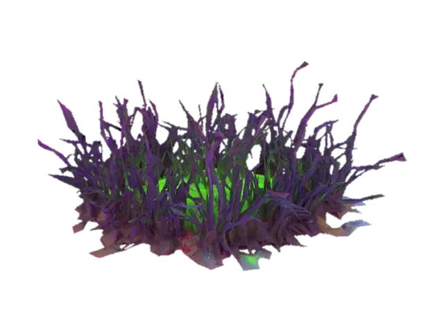 Blighted, corrupted grass with dark, brittle blades tinged with sickly purple or… 3D model, vytvořený pomocí AI