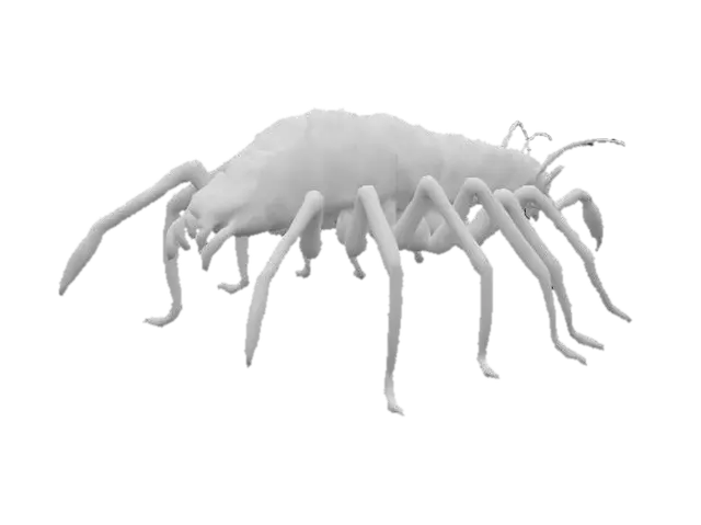 3D model for Giant monstrous centipede. Extremely elongated segmented body, stretching long and narrow like a worm. Dozens of thin insect legs running along both sides, evenly spaced. Each leg sharp, clawed, jointed, moving in waves. Glossy armored chitin covering every segment. Head small compared to body, with many eyes and sharp biting mandibles, not crab claws. Long slimy tentacles emerging from mouth and thorax, writhing and reaching. Texture rough, glossy, slimy fluids. Dark brown and black body, faint green bioluminescent glow between segments. Horror tone, unnatural predator. Realistic, cinematic detail.
