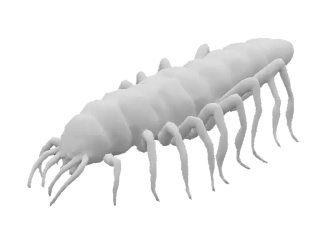 3D model for Giant monstrous centipede. Extremely elongated segmented body, stretching long and narrow like a worm. Dozens of thin insect legs running along both sides, evenly spaced. Each leg sharp, clawed, jointed, moving in waves. Glossy armored chitin covering every segment. Head small compared to body, with many eyes and sharp biting mandibles, not crab claws. Long slimy tentacles emerging from mouth and thorax, writhing and reaching. Texture rough, glossy, slimy fluids. Dark brown and black body, faint green bioluminescent glow between segments. Horror tone, unnatural predator. Realistic, cinematic detail.
