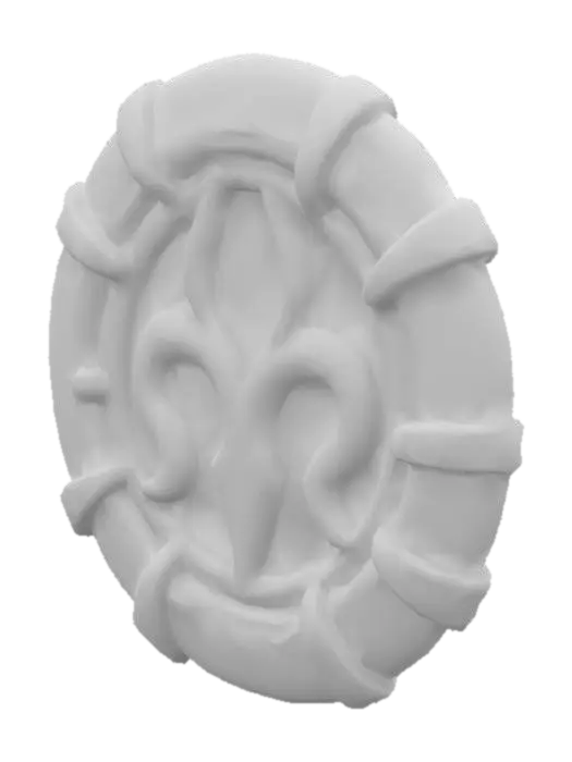 3D model for A single glowing magitek rune etched into aged brass. It glows with soft turquoise light and blends arcane curves with mechanical symmetry. Ancient, experimental design. Displayed on a plain or transparent background.