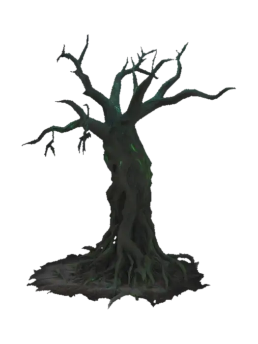 A twisted, corrupted tree with blackened bark, glowing red or green veins, and… 3D model, vytvořený pomocí AI