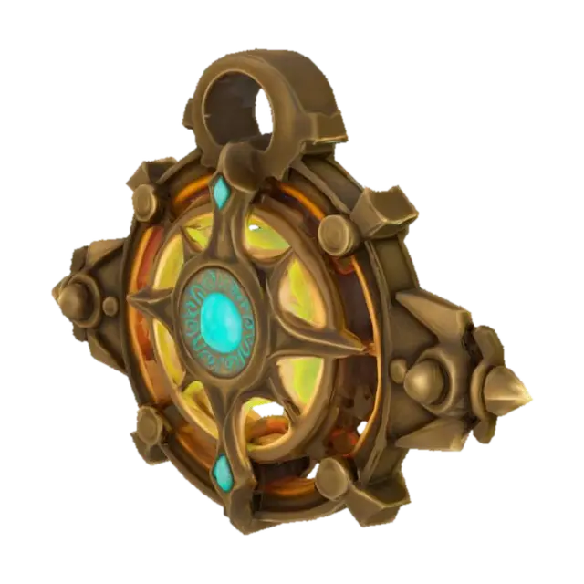 3D model for A single glowing magitek rune etched into aged brass. It glows with soft turquoise light and blends arcane curves with mechanical symmetry. Ancient, experimental design. Displayed on a plain or transparent background.
