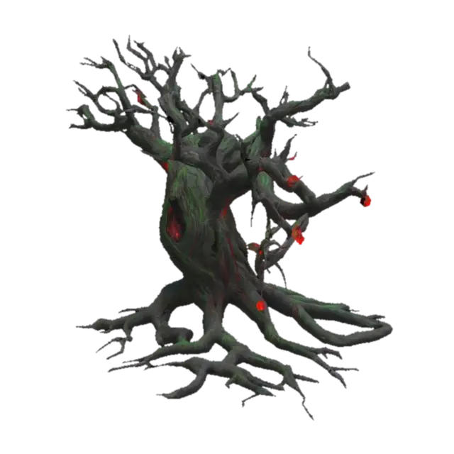 A twisted, corrupted tree with blackened bark, glowing red or green veins, and… 3D model, vytvořený pomocí AI