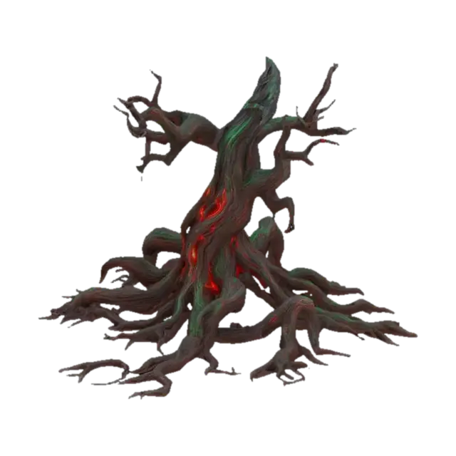 Twisted, corrupted roots snaking across the ground or emerging from soil. Dark,… 3D model, vytvořený pomocí AI