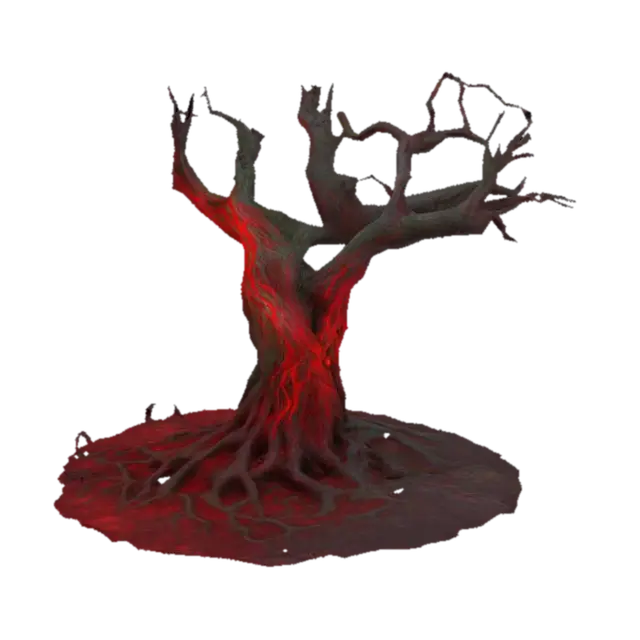 A twisted, corrupted tree with blackened bark, glowing red or green veins, and… 3D model, vytvořený pomocí AI