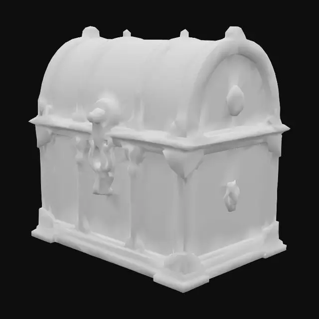 3D model for a large, ornate chest with shifting geometric patterns and metallic inlays that shimmer with iridescent colors.
