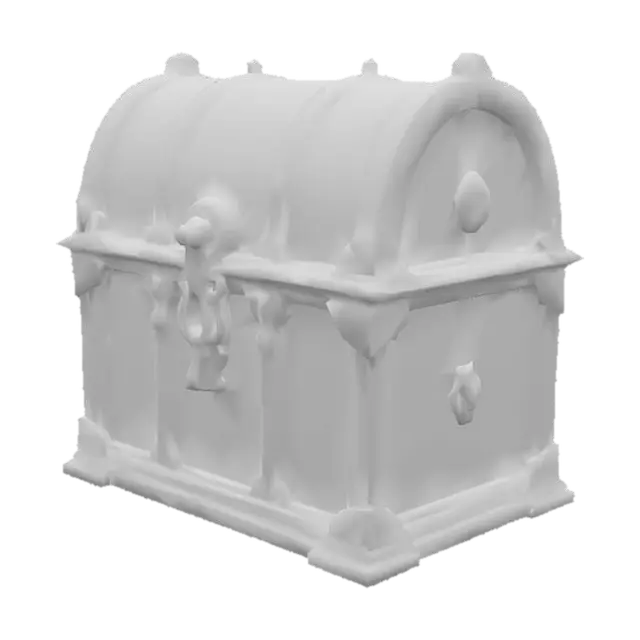 3D model for a large, ornate chest with shifting geometric patterns and metallic inlays that shimmer with iridescent colors.