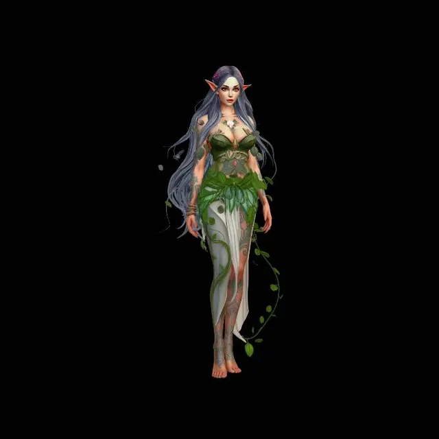 3D model for Sexy elve druidess, leaves and vines cloths. Stylyzed style.