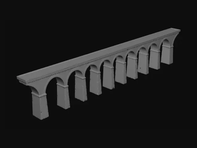 3D model for isolated stone arch viaduct bridge, multiple large rounded arches, early 20th century European railway bridge, 1930s–1940s style. 
massive stone construction, repeating arch structure, realistic proportions. 

side view, slightly low angle but mostly orthographic, centered composition. 
clear visibility of all arches, strong silhouette, clean geometry. 

light grayscale or subtle sepia tones, minimal texture, simple stone pattern. 
uniform lighting, no harsh shadows. 

plain neutral background, no sky, no grass, no environment. 
no people, no train, no buildings. 
focus only on the bridge structure. 

designed for 3D model generation, simple shapes, clearly separated forms, no clutter.