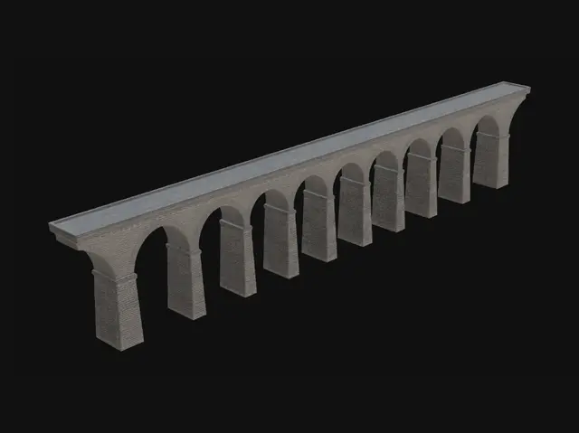 3D model for isolated stone arch viaduct bridge, multiple large rounded arches, early 20th century European railway bridge, 1930s–1940s style. 
massive stone construction, repeating arch structure, realistic proportions. 

side view, slightly low angle but mostly orthographic, centered composition. 
clear visibility of all arches, strong silhouette, clean geometry. 

light grayscale or subtle sepia tones, minimal texture, simple stone pattern. 
uniform lighting, no harsh shadows. 

plain neutral background, no sky, no grass, no environment. 
no people, no train, no buildings. 
focus only on the bridge structure. 

designed for 3D model generation, simple shapes, clearly separated forms, no clutter.
