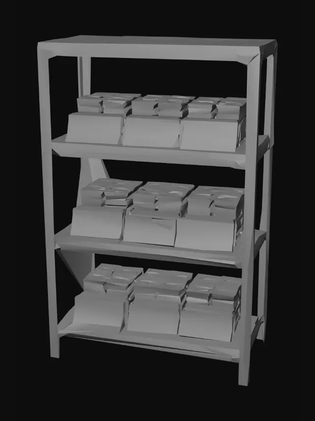 3D model for simple open shelving unit (bookcase style), filled with neatly stacked Reichsmark banknote bundles on each shelf, centered object, pure white background, front view, clean geometry, simple modular design, realistic wood or metal material, game asset style, Unreal Engine 5 quality, photorealistic, sharp focus, no environment, no floor, no people, no clutter, optimized for 3D generation