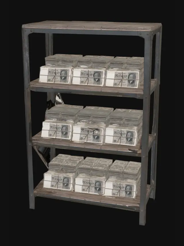 3D model for simple open shelving unit (bookcase style), filled with neatly stacked Reichsmark banknote bundles on each shelf, centered object, pure white background, front view, clean geometry, simple modular design, realistic wood or metal material, game asset style, Unreal Engine 5 quality, photorealistic, sharp focus, no environment, no floor, no people, no clutter, optimized for 3D generation