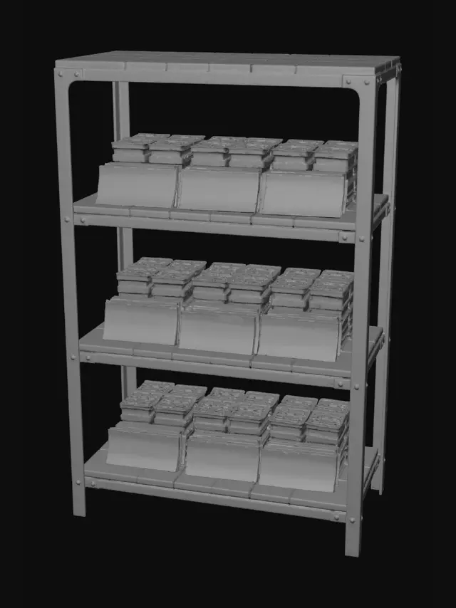 3D model for simple open shelving unit (bookcase style), filled with neatly stacked Reichsmark banknote bundles on each shelf, centered object, pure white background, front view, clean geometry, simple modular design, realistic wood or metal material, game asset style, Unreal Engine 5 quality, photorealistic, sharp focus, no environment, no floor, no people, no clutter, optimized for 3D generation