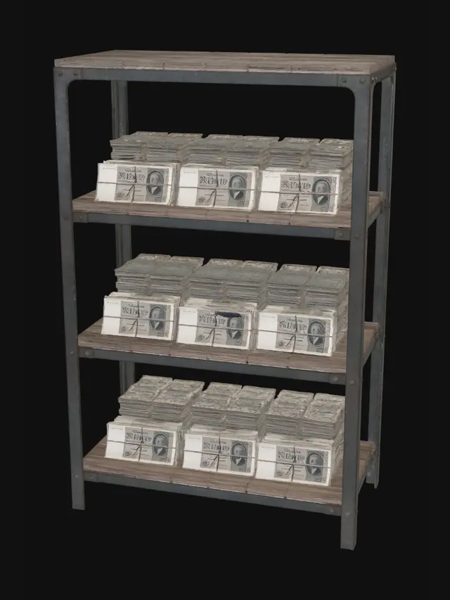3D model for simple open shelving unit (bookcase style), filled with neatly stacked Reichsmark banknote bundles on each shelf, centered object, pure white background, front view, clean geometry, simple modular design, realistic wood or metal material, game asset style, Unreal Engine 5 quality, photorealistic, sharp focus, no environment, no floor, no people, no clutter, optimized for 3D generation