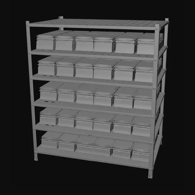 3D model for simple industrial metal shelving rack, front view, isolated on pure white background, completely filled on every shelf with neatly stacked Reichsmark banknote bundles, very dense but organized arrangement, realistic metal frame, simple clean geometry, straight perspective, game asset style, Unreal Engine 5 quality, photorealistic materials, soft studio lighting, sharp focus, no environment, no floor, no shadows on background, optimized for 3D reconstruction, modular design