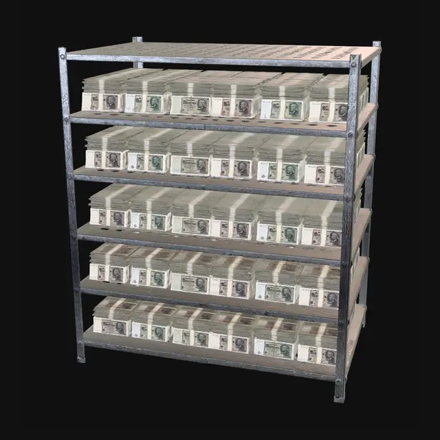 3D model for simple industrial metal shelving rack, front view, isolated on pure white background, completely filled on every shelf with neatly stacked Reichsmark banknote bundles, very dense but organized arrangement, realistic metal frame, simple clean geometry, straight perspective, game asset style, Unreal Engine 5 quality, photorealistic materials, soft studio lighting, sharp focus, no environment, no floor, no shadows on background, optimized for 3D reconstruction, modular design