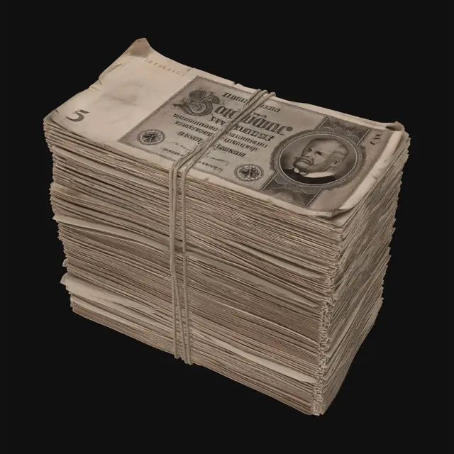 3D model for stack of Reichsmark banknotes bundled together, isolated on white background, realistic vintage paper money, highly detailed textures, cinematic studio lighting, photorealistic, centered composition, realistic shadows, ultra detailed 3D render, isolated object, no environment, no people