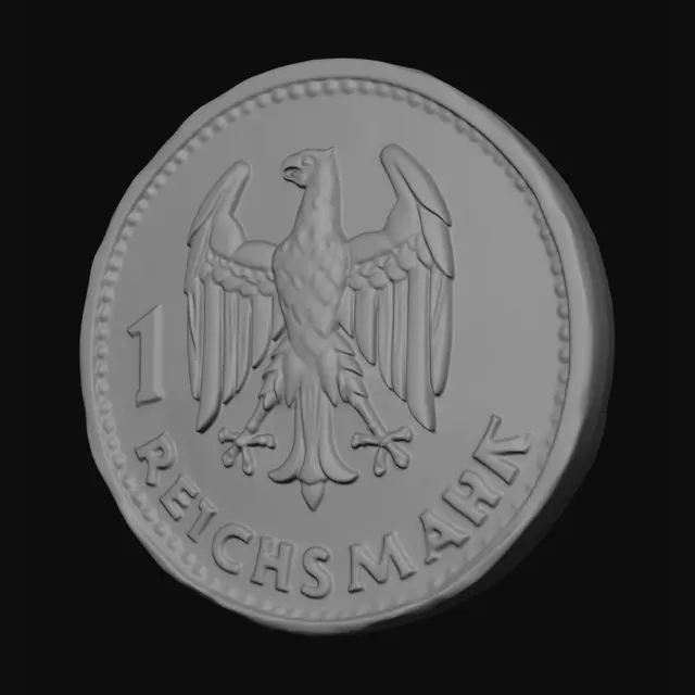 3D model for single Reichsmark coin from the 1930s, isolated on pure white background, realistic aged metal, engraved details, worn scratches, ultra detailed, photorealistic, centered object, studio lighting, macro photography style, realistic 3D render, PBR material quality, isolated object, no environment, no people