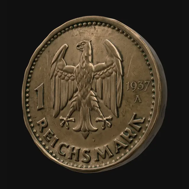 3D model for single Reichsmark coin from the 1930s, isolated on pure white background, realistic aged metal, engraved details, worn scratches, ultra detailed, photorealistic, centered object, studio lighting, macro photography style, realistic 3D render, PBR material quality, isolated object, no environment, no people