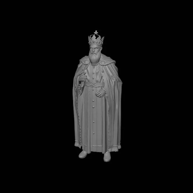 3D model for Genera a un rey medieval,con capa,corona,realista,excepto porque sus manos y cabeza son un poco ma agrandes de lo normal.Haz que se pueda imprimir en 3D.Debes hacerlo completo.La posición debe parecer natural y neutral.
