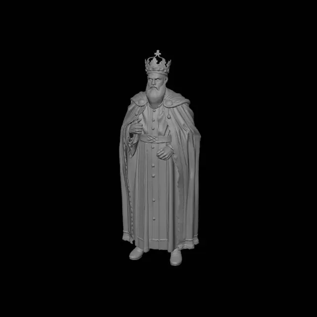 3D model for Genera a un rey medieval,con capa,corona,realista,excepto porque sus manos y cabeza son un poco ma agrandes de lo normal.Haz que se pueda imprimir en 3D.Debes hacerlo completo.La posición debe parecer natural y neutral.
