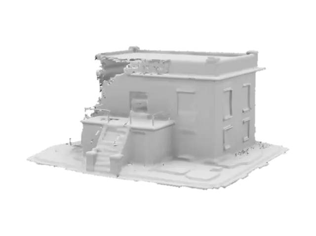 3D model for Generate a high-quality 3D model of a old abandoned Prison with realistic textures and detailed geometry. The model should include intricate elements such as stone walls, metal doors, metal bars on windows and a high metal fence. Ensure accurate proportions, smooth topology, and optimized polygon count for efficient rendering. Apply realistic lighting and shadows to enhance depth and realism.