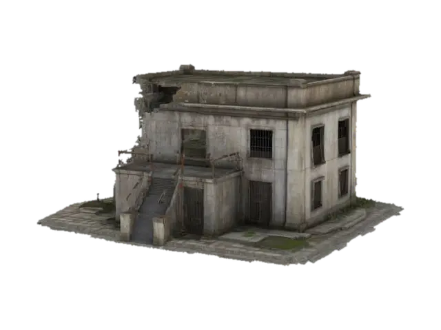 3D model for Generate a high-quality 3D model of a old abandoned Prison with realistic textures and detailed geometry. The model should include intricate elements such as stone walls, metal doors, metal bars on windows and a high metal fence. Ensure accurate proportions, smooth topology, and optimized polygon count for efficient rendering. Apply realistic lighting and shadows to enhance depth and realism.