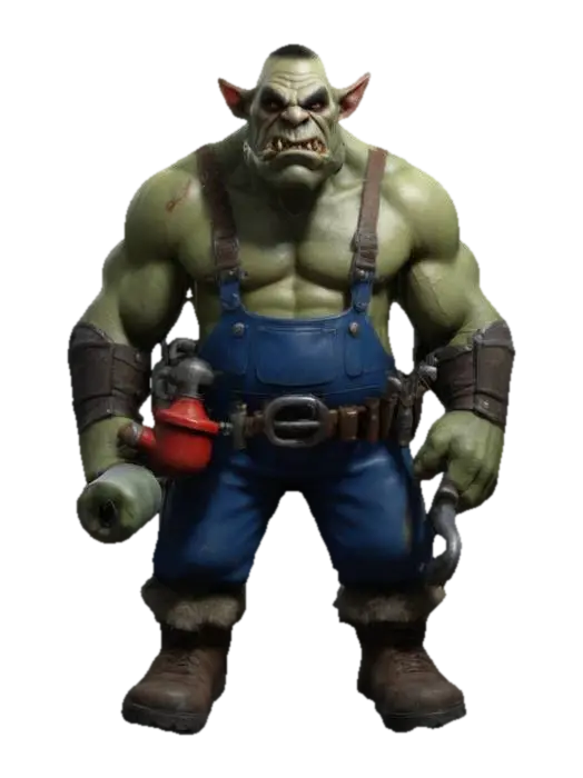 An Orc working as a Plumber, detailed game character 3D model, AI generated