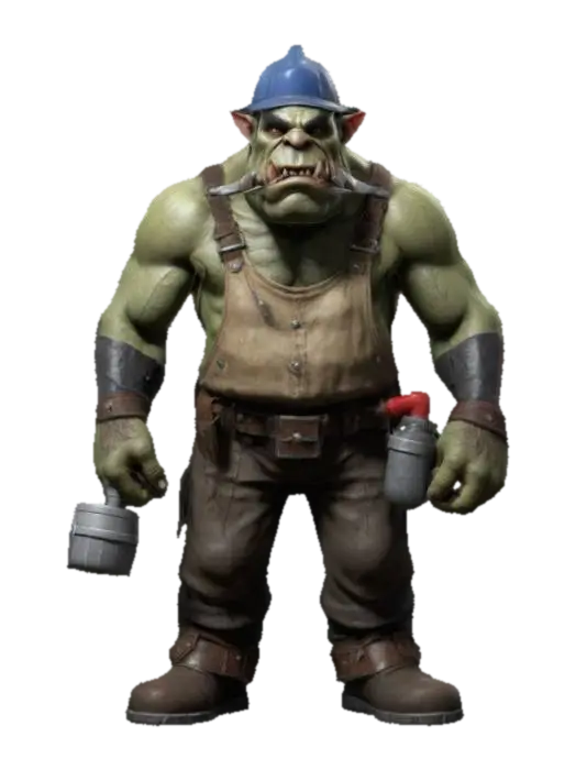 An Orc working as a Plumber, detailed game character 3D model, AI generated