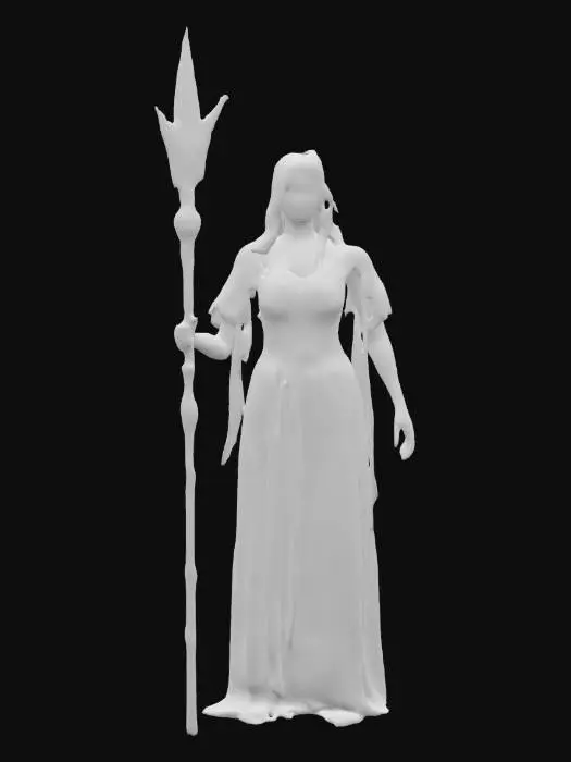 3D model for Fantasy Nature Forest Queen in high detail, perfect body, dressed in transparent silk long dress, delicate face with beautiful Blue eyes, holding a green glowing Crystal staff completely covered with sparkling golden dust, extremely details, high resolution texture, epic stance, well lit, ultra realistic