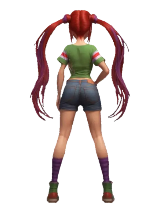 3D model for Full Body Woman Game Character, short Green T-shirt, short jeans short, long red hair with purple stripes in ponytails on both sides, simple detailed colorful