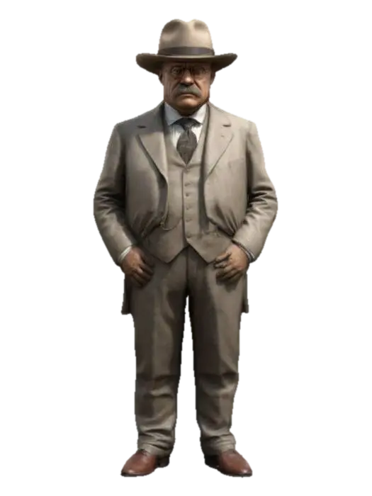 A realistic full body version in color of Theodore Roosevelt with hat - President 3D model, vytvořený pomocí AI