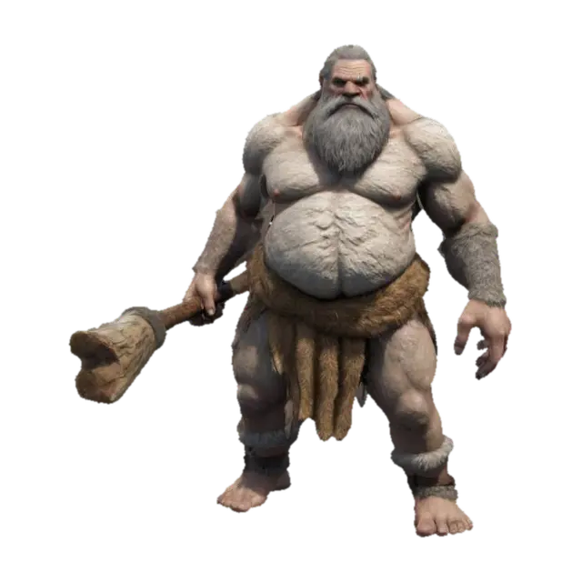 3D model for A tall stone age giant in fur rags and a log weapon, Game Assets, Highly Detailed, Ultra Realistic, Body, A-pose, Full Body, ARMS AWAY FROM THE BODY , detailed