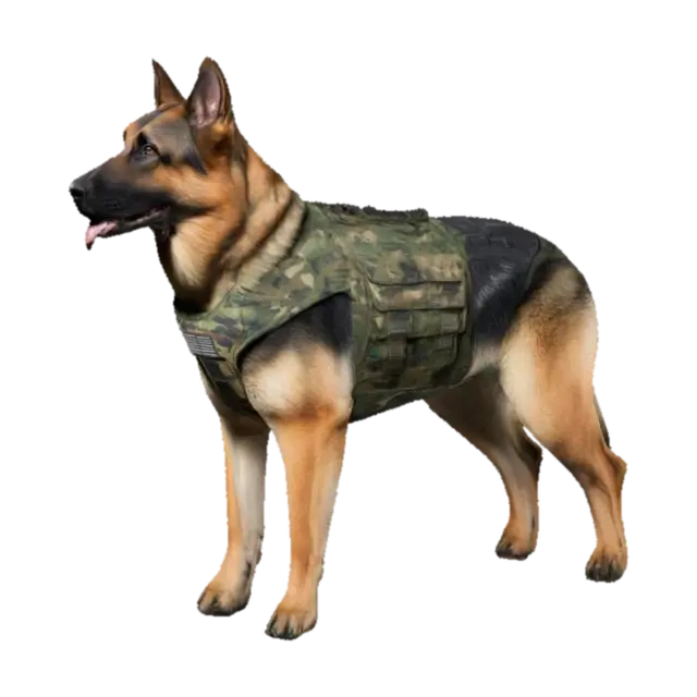 A Military K-9 German Shepherd with a camouflage vest, detailed game animal 3D model, vytvořený pomocí AI