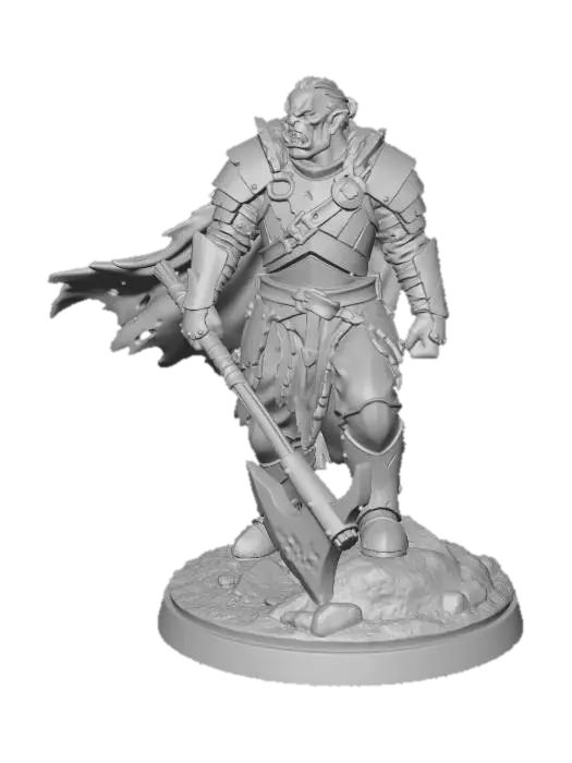 3D model for warhammed middle earth miniature of a mordor orc warlord, the miniature has a round base, it yields a long battle axe that touches the ground, rusty armor and rags cape blowing in the wind