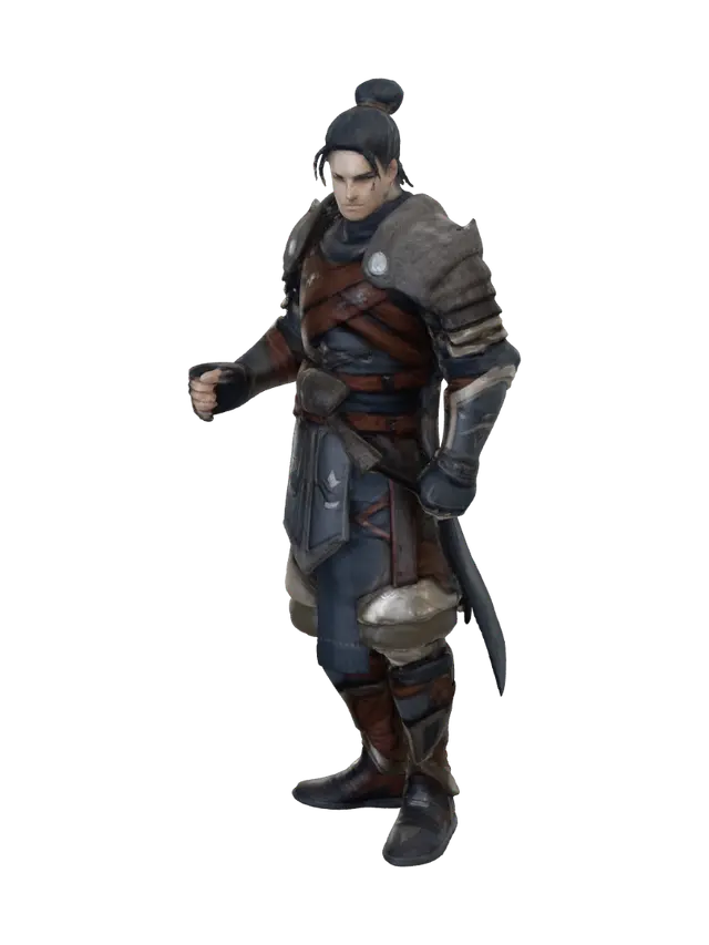 a "warrior" character similar from game like "metin2" holds no weapon - Holding 3D model, vytvořený pomocí AI