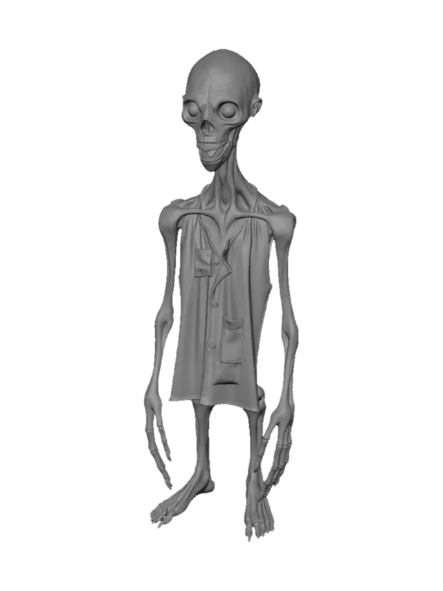 3D model for Ultra realistic 3D horror creature from The Backrooms, grotesque humanoid entity, extremely tall and thin, distorted proportions, stretched arms and legs with extra joints, pale rotting skin covered in yellow mold and black veins, faceless head with only a wide gaping mouth and tiny glowing eyes, dripping saliva, torn yellow wallpaper clothes growing into flesh, moist glistening texture, standing in decaying fluorescent-lit Backrooms hallway, photorealistic, cinematic, terrifying details, subsurface scattering, 8k horror asset.