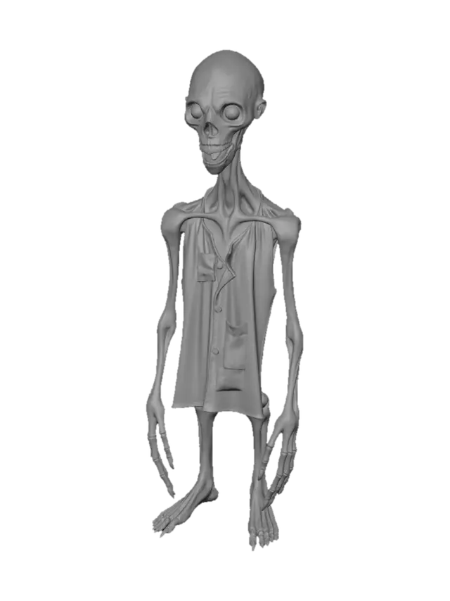 3D model for Ultra realistic 3D horror creature from The Backrooms, grotesque humanoid entity, extremely tall and thin, distorted proportions, stretched arms and legs with extra joints, pale rotting skin covered in yellow mold and black veins, faceless head with only a wide gaping mouth and tiny glowing eyes, dripping saliva, torn yellow wallpaper clothes growing into flesh, moist glistening texture, standing in decaying fluorescent-lit Backrooms hallway, photorealistic, cinematic, terrifying details, subsurface scattering, 8k horror asset.