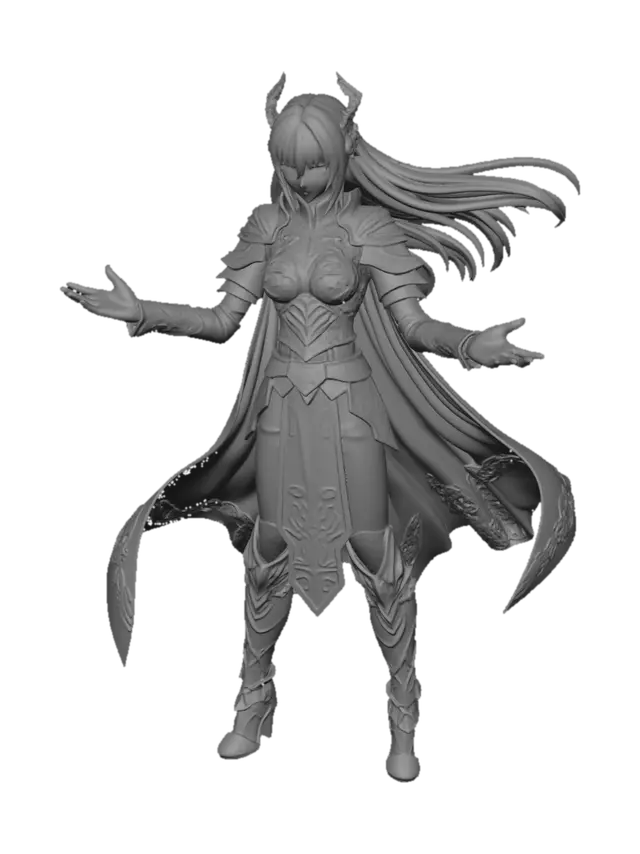 3D model for Anime-style female warrior character, full body, A-pose, game-ready 3D model,
late teens to early twenties, athletic feminine build with toned midriff exposed,
fair pale skin, sharp blue-grey eyes with confident neutral expression,
long straight black hair in high ponytail tied at the top of head,
side bangs falling over forehead and along the sides of face,
asymmetric ornate armor outfit:
massive ornate black and gold pauldron covering entire right shoulder with intricate gold filigree,
bare left shoulder showing skin,
white puff sleeve emerging under the right pauldron,
black leather sleeveless cropped vest with gold trim and small gold buttons down the front,
white shirt visible underneath the vest at chest,
exposed midriff with visible navel,
wide black leather belt at wais
